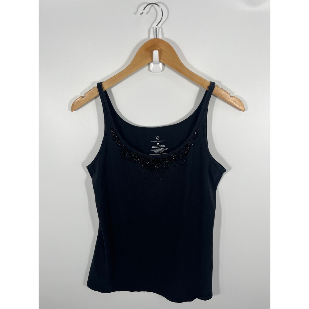 NY‎ & Company Y2K Womens Tank Top L Black Embellished Going Out Minimalist Chic